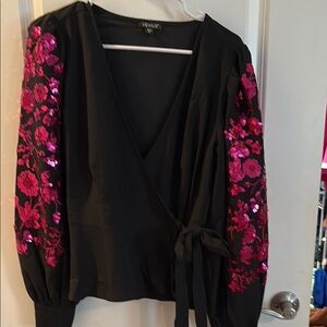 VENUS Black and Pink Sequin Wrap Blouse